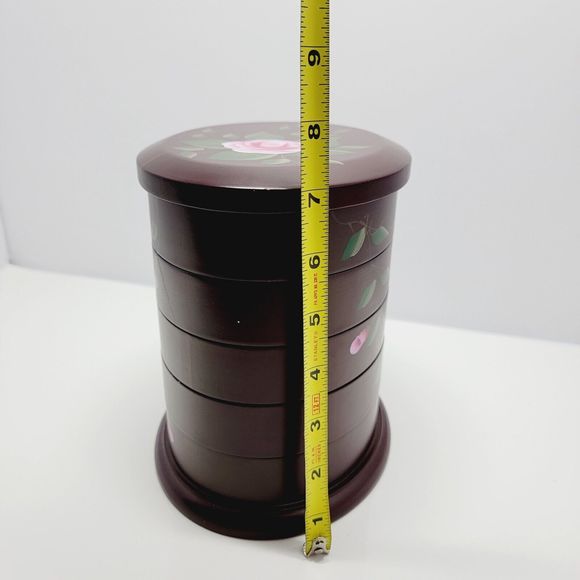 Jewelry Box Organizer 5 Tier Oval Wooden Swivel Tower Hand Painted Floral - Picture 13 of 16
